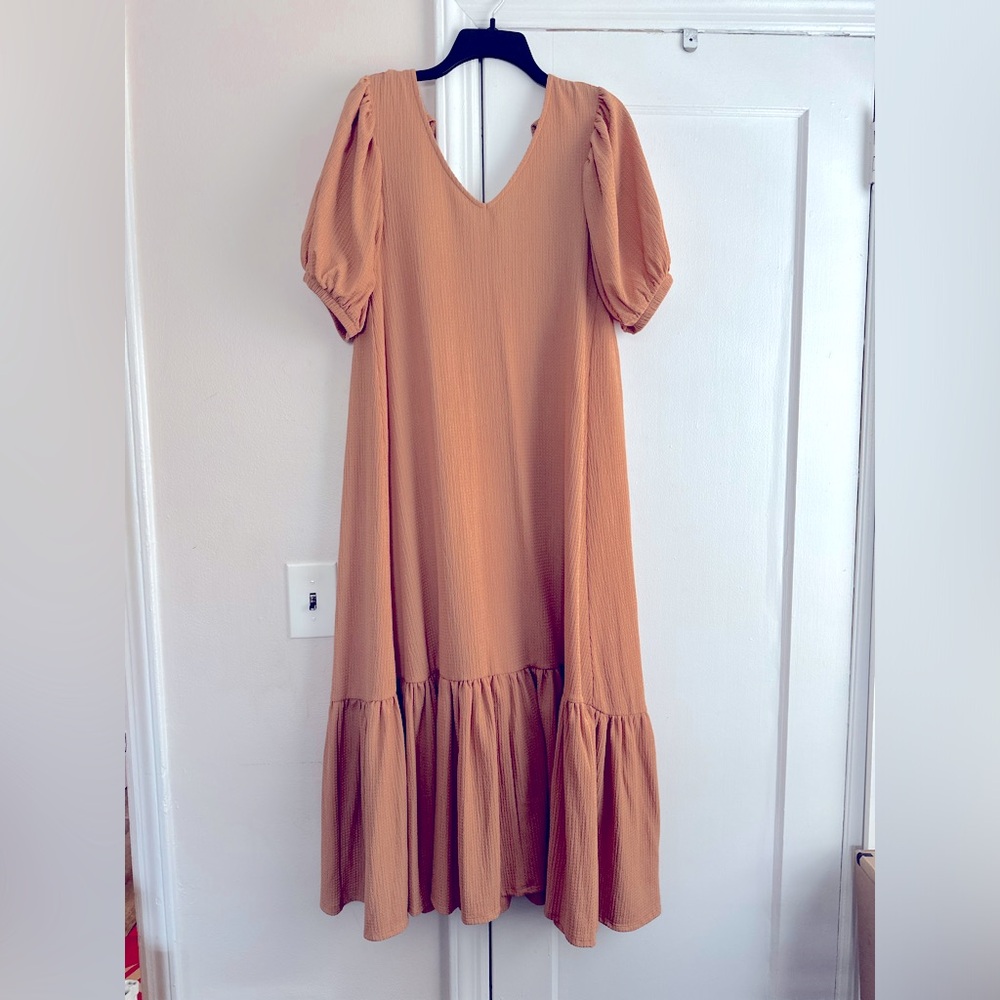 V-Neck Tie Back Detail Short Puffed Sleeve Tiered Ruffled Hem Midi Dress
